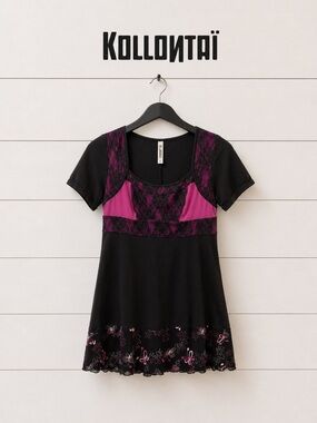 KOLLONTAI Black & Purple Lace Detail Tunic – Size L